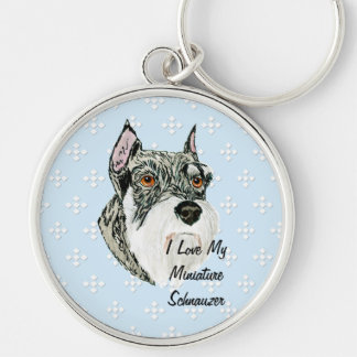 MiniatyrSchnauzer - blått med vitdiamantdesign Rund Silverfärgad Nyckelring