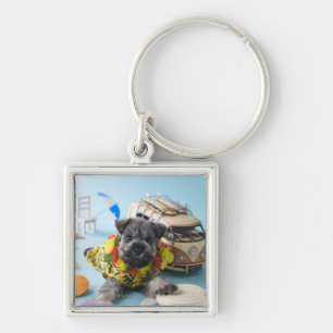 MiniatyrSchnauzervalp och sommarsemester Fyrkantig Silverfärgad Nyckelring