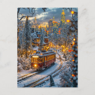 Miniatyrspårvagn i snöig vinterstad helg vykort