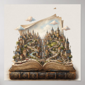 Miniatyrstad Inuti en Öppen Bok – Surreal Fantasi Poster