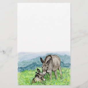 Miniatyrteckning av Donkey Mamma och Baby Watercol Brevpapper