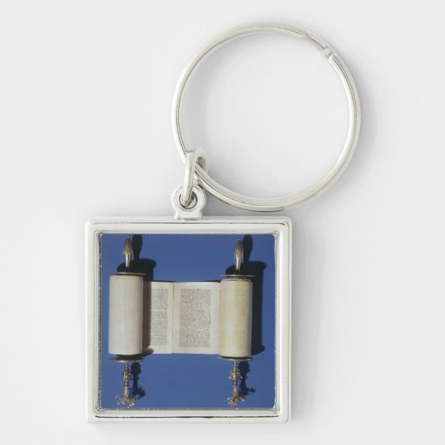 MiniatyrTorah rulla, 1765 Fyrkantig Silverfärgad Nyckelring (Framsidan)