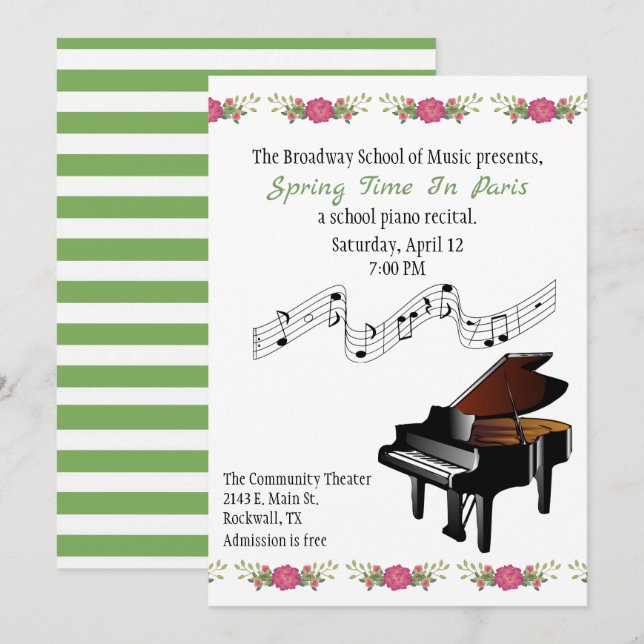 Miniflygel- och blommapianohögläsning inbjudningar (Fram/baksida)