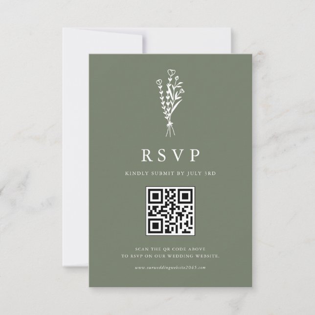Minimailist Bouquet Taupe Grönt QR Code Bröllop OSA Kort (Framsida)
