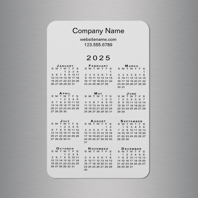 Minimal 2025 Calendar Company Namn Info på Grått Magnet (Minimal 2025 Calendar Company Name Info on Grey Magnet in situ)
