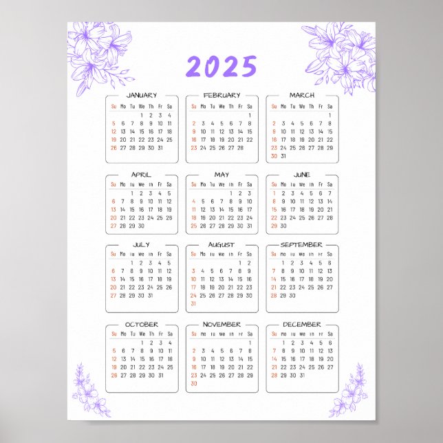 Minimal 2025 Väggkalender Lila Blommig Affisch  (Framsidan)