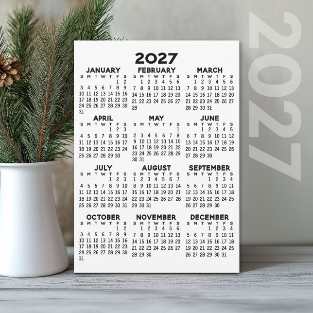Minimal 2027-kalender - helårsvy svart vit program (2027 Calendar printed on Cardstock)