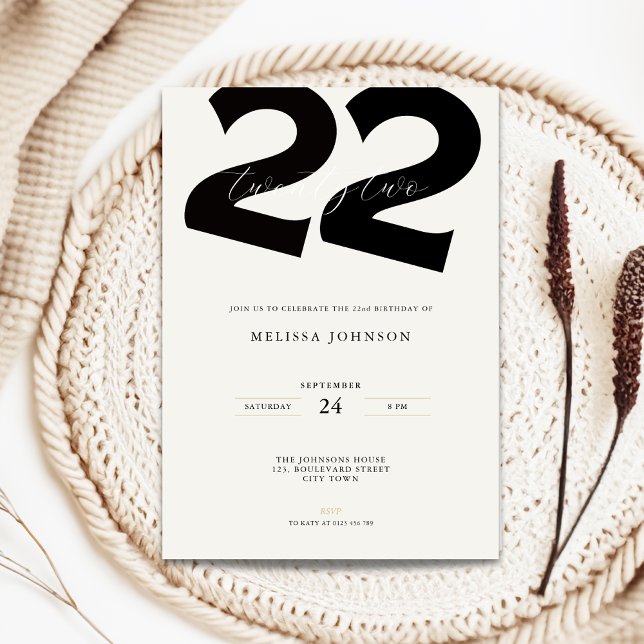 Minimal 22-års inbjudan - Fet stil (Minimal 22nd birthday invitation with bold typography)