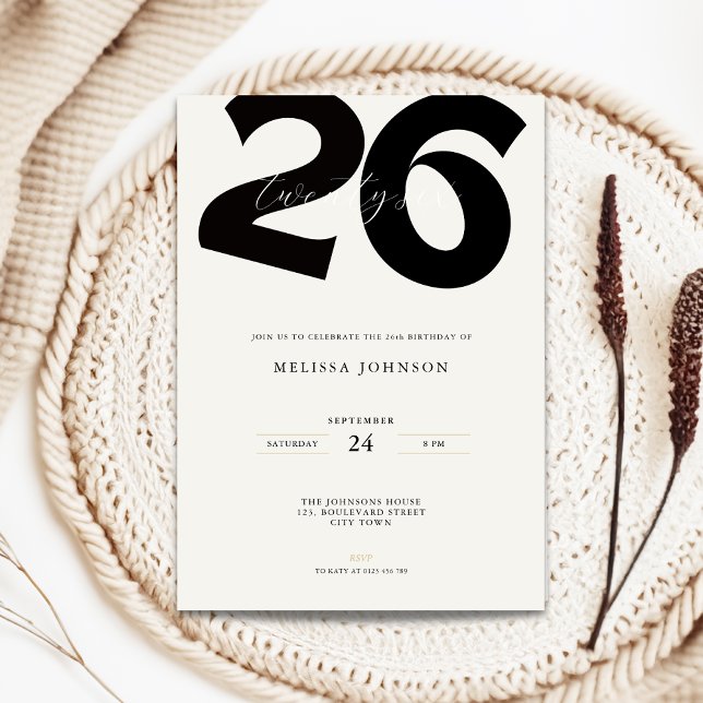 Minimal 26-års födelsedagsinbjudan - Fet typografi Inbjudningar (Minimal 26th birthday invitation with bold typography)