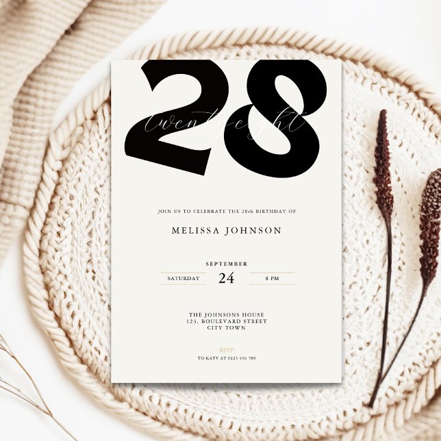 Minimal 28th Birthday Invitation - Bold Typo Inbjudningar (Minimal 28th birthday invitation with bold typography)
