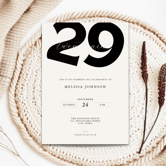 Minimal 29-års födelsedagsinbjudan - Fet typografi Inbjudningar (Minimal 29th birthday invitation with bold typography)