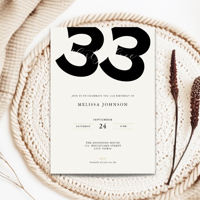 Minimal 33rd Birthday Invitation - Bold Typo Inbjudningar (Minimal 33rd birthday invitation with bold typography)