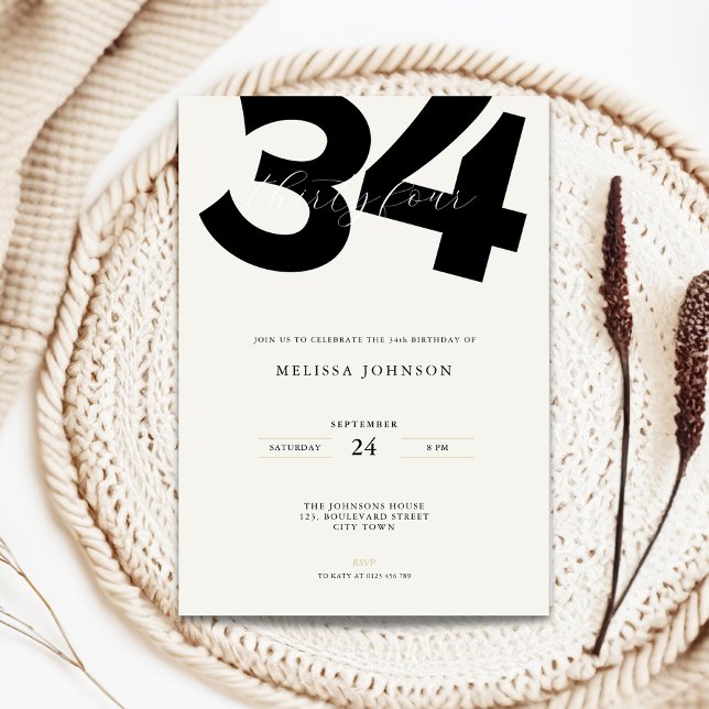 Minimal 34th Birthday Invitation - Bold Typo Inbjudningar (Minimal 34th birthday invitation with bold typography)