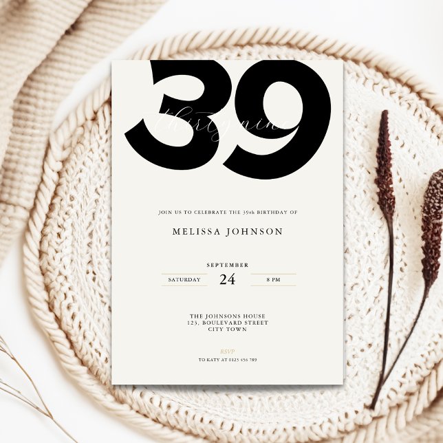 Minimal 39-års födelsedagsinbjudan - Fet typografi Inbjudningar (Minimal 39th birthday invitation with bold typography)