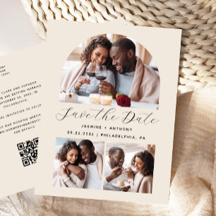 Minimal 3 Foto Ark QR Kod Beige Save the Date Vykort