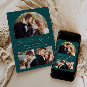 Minimal 3-foto Boho Arch Teal Blue Guld Spara Datumet