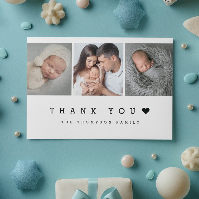 Minimal 3-foto med hjärta Nyfödd bebis Tack Kort (Simple baby boy photo thank you card with heart.)
