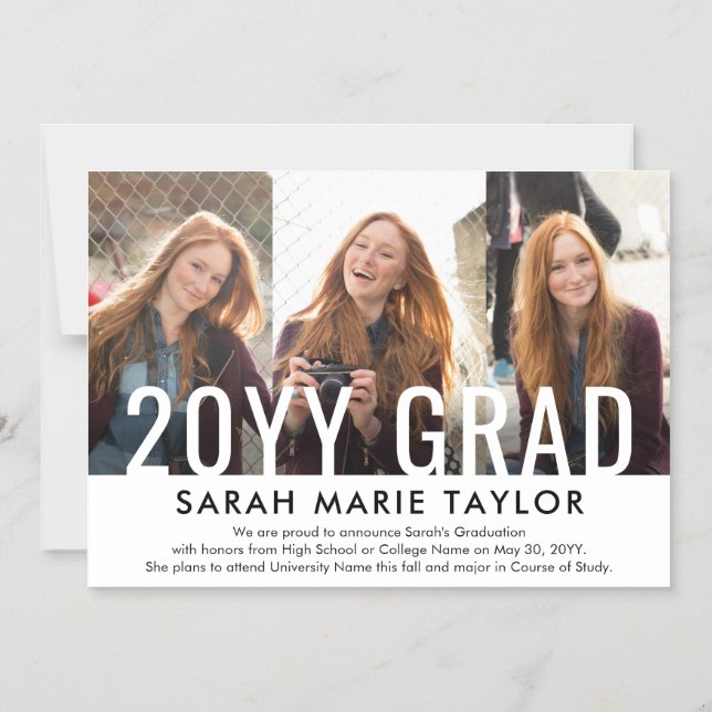 Minimal 3 Photo Magnetic Graduation Announcement Magnetisk Inbjudningskort (Framsida)