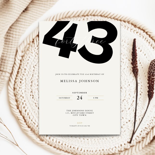 Minimal 43-års födelsedagsinbjudan - Fet typografi Inbjudningar (Minimal 43rd birthday invitation with stylish bold typography)