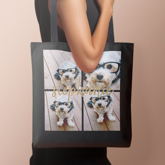 Minimal 4-fotokollage - Svart - Guldspråk Text Tygkasse (Personalized tote bag with photo and text)