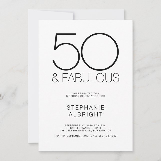 Minimal 50 and Fabulous 50th Birthday Party Inbjudningar (Framsida)