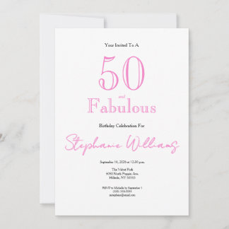 Minimal 50 and Fabulous Pink 50th Birthday Inbjudningar