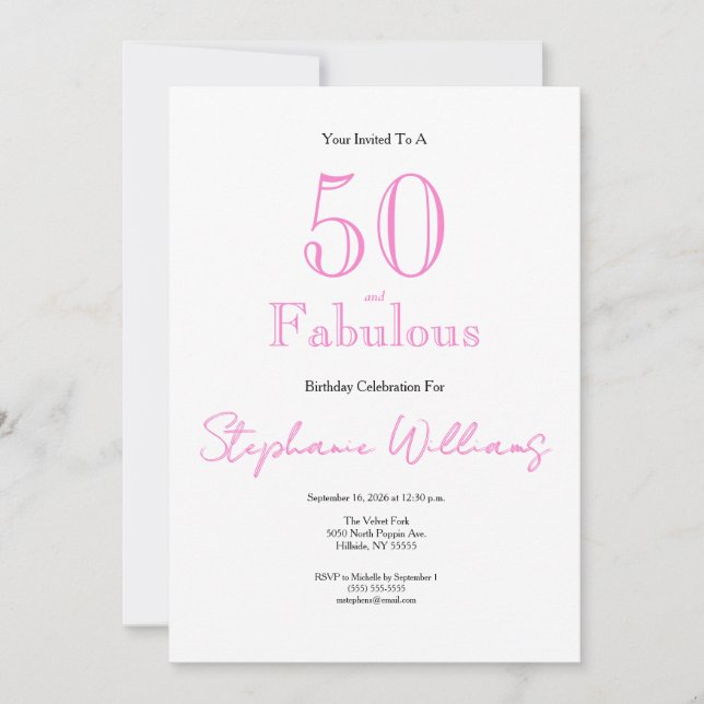 Minimal 50 and Fabulous Pink 50th Birthday Inbjudningar (Framsida)