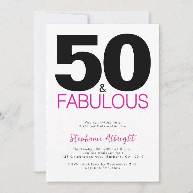 Minimal 50 and Fabulous Pink 50th Birthday Party I Inbjudningar (Framsida)