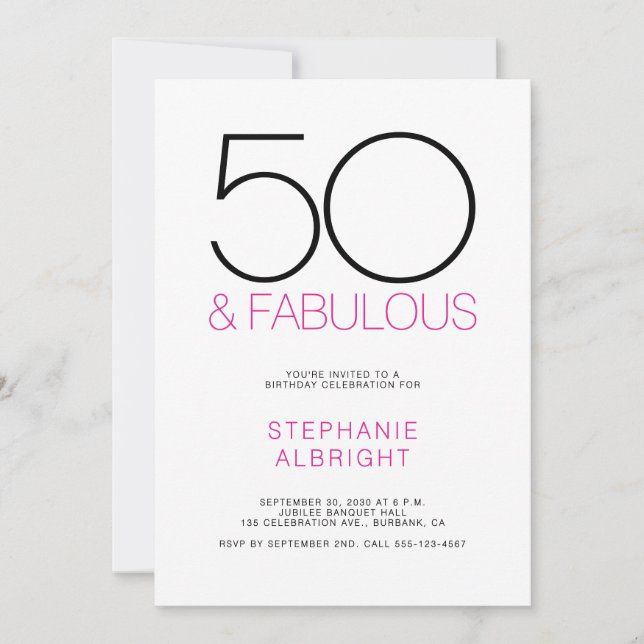 Minimal 50 and Fabulous Pink 50th Birthday Party Inbjudningar (Framsida)
