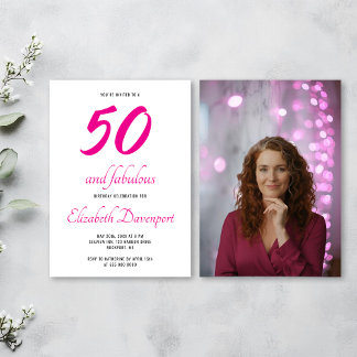 Minimal 50 and Fabulous Pink Photo Birthday Inbjudningar