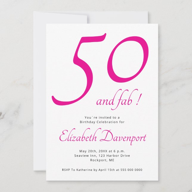 Minimal 50 och Fab Pink Födelsedag Inbjudningar (Framsida)