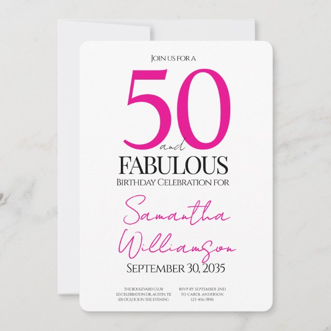 Minimal 50 och fantastisk rosa 50-årsdag inbjudningar (Framsida)
