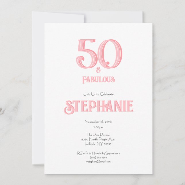 Minimal 50 och fantastisk rosa 50-årsfest inbjudningar (Framsida)