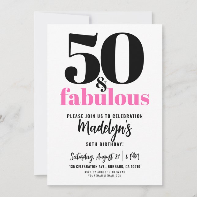 Minimal 50 och fantastisk rosa 50-årsfest inbjudningar (Framsida)