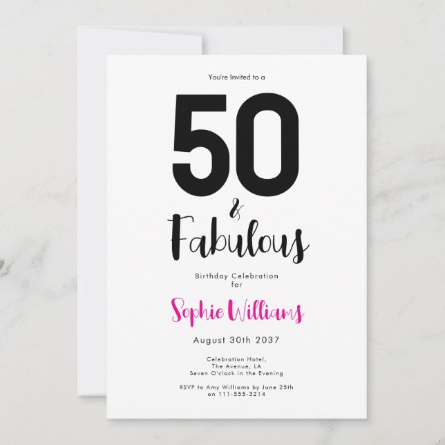 Minimal 50 och fantastisk rosa 50-årsfest inbjudningar (Framsida)