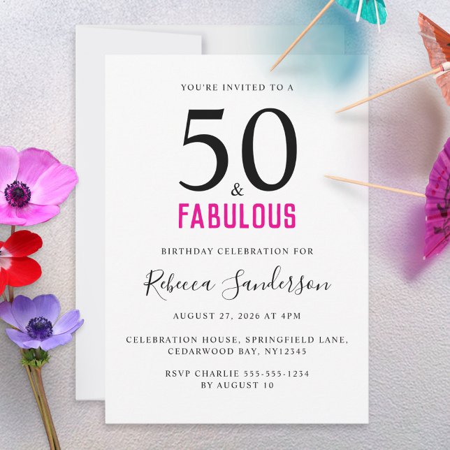 Minimal 50 och fantastisk rosa 50-årsfest inbjudningar (A modern invitation for a 50th birthday party, with black and hot pink text on a white background)