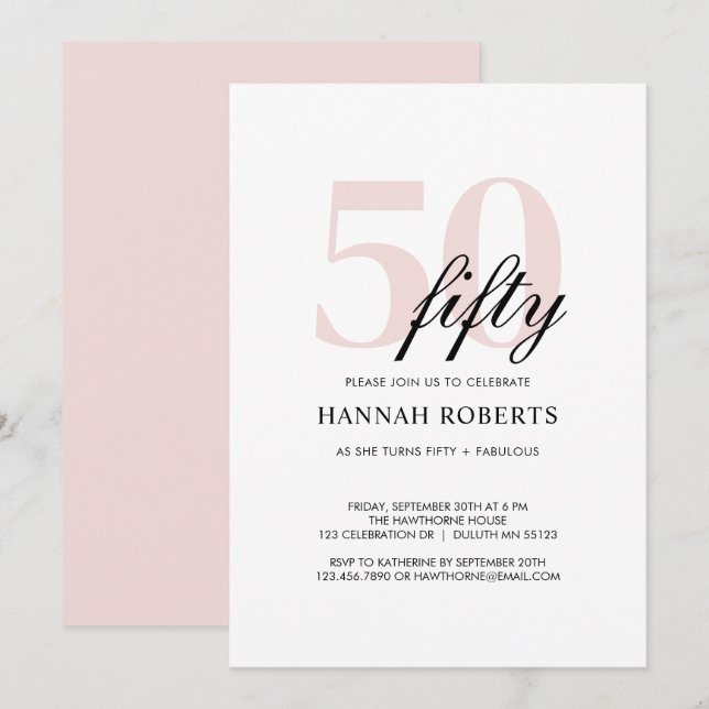 Minimal 50 och fantastisk rosa 50-årsfest inbjudningar (Fram/baksida)