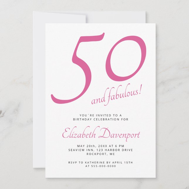 Minimal 50 och fantastisk rosa födelsedag inbjudningar (Framsida)