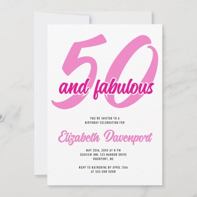 Minimal 50 och fantastisk rosa födelsedag inbjudningar (Framsida)