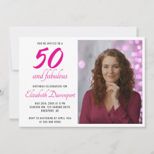 Minimal 50 och fantastisk rosa fotofödelsedagsfest inbjudningar