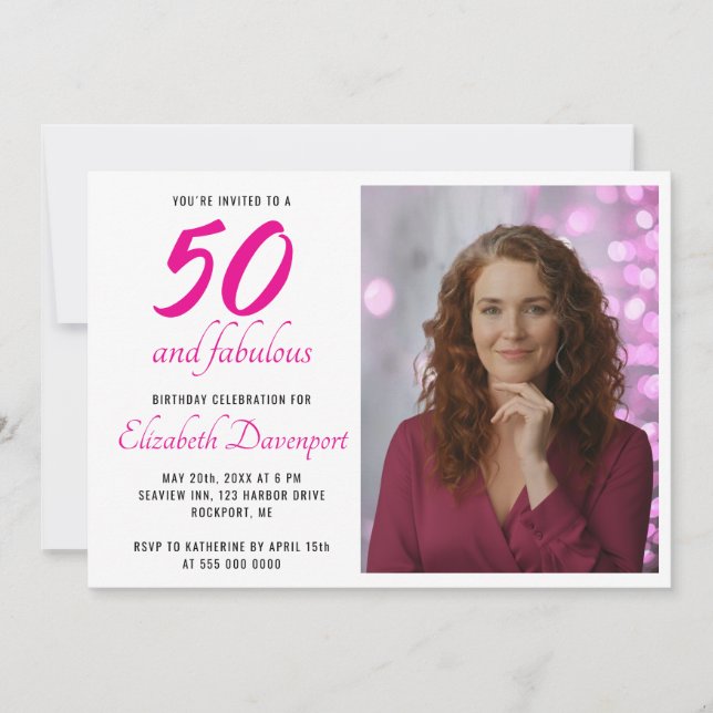 Minimal 50 och fantastisk rosa fotofödelsedagsfest inbjudningar (Framsida)