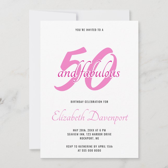 Minimal 50 och fantastisk svart och rosa födelseda inbjudningar (Framsida)