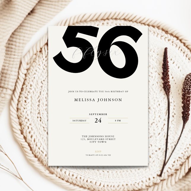 Minimal 56-års födelsedagsinbjudan - Fet typografi Inbjudningar (Minimal 56th birthday invitation with bold typography for man and woman in black and white)