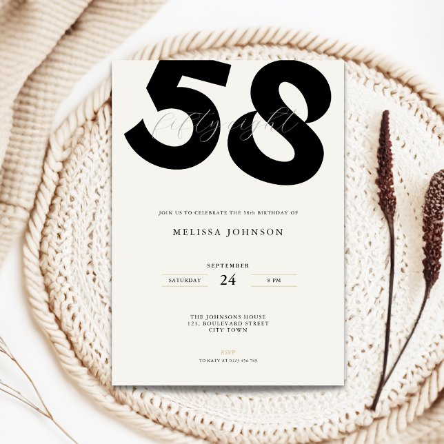 Minimal 58-års inbjudan - Fet typografi (Minimal 58th birthday invitation with bold typography for man and woman in black and white)