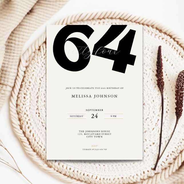 Minimal 64-års födelsedagsinbjudan - Fet typografi Inbjudningar (Minimal 64th birthday invitation with bold typography for man and woman in black and white)