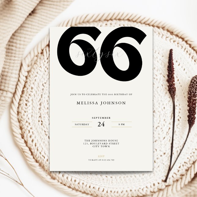 Minimal 66-års födelsedagsinbjudan - Fet typografi Inbjudningar (Minimal 66th birthday invitation with bold typography for man and woman in black and white)