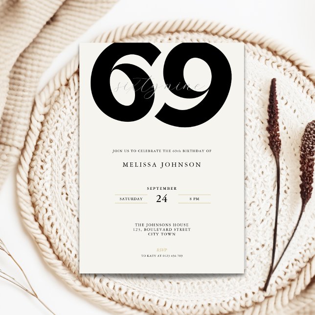 Minimal 69-års födelsedagsinbjudan - Fet typografi Inbjudningar (Minimal 69th birthday invitation with bold typography for man and woman in black and white)
