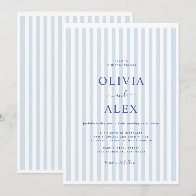 Minimal and Chic Blue French Personalized Wedding  Inbjudningar (Fram/baksida)