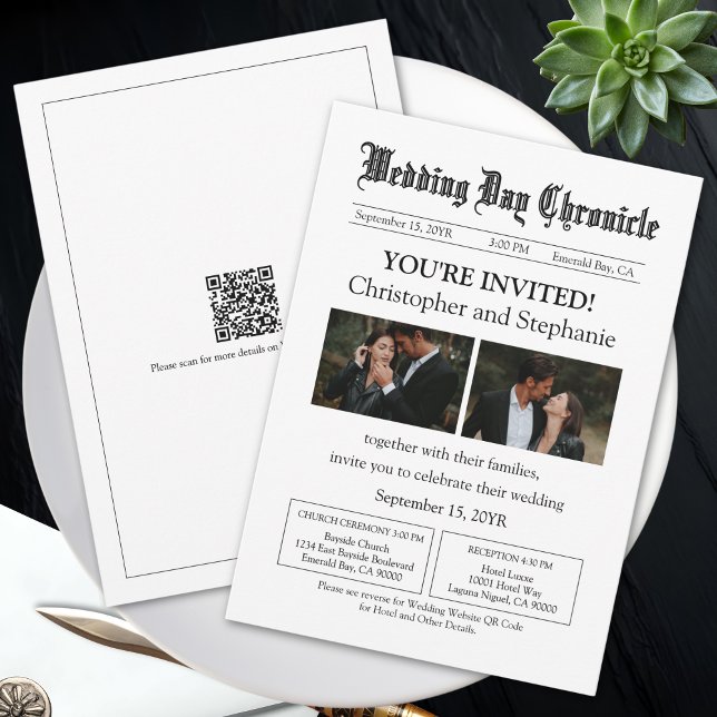 Minimal Anpassningsbar 2: Foto QR Code Newspaper B Inbjudningar (Customized Stylish Newspaper Style QR Code White Wedding Invitation)