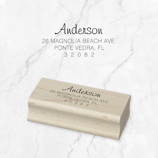 Minimal Anpassningsbar Returadress 04. Rubber Frim Stämpel (Modern, elegant typography wooden return address stamp. Create your own!)